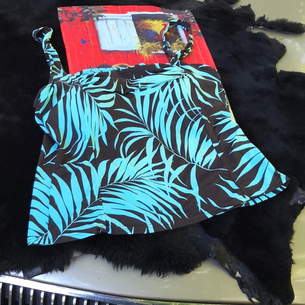 Jamaica Bay Tropical Leaves Swim Top Tankini Bra Brown  & Turquoise Blue Bra 16